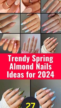 2024 Spring Nail Ideas, Simple Spring Nail Ideas Almond Shape, Pastel Almond Nails Designs, April Nail Designs Almond, Spring Almond Nails 2024, Pastel Nails Almond Shape, Spring Manicure Ideas 2024, Almond Nails Ideas Spring, Almond Shaped Nails Designs Spring