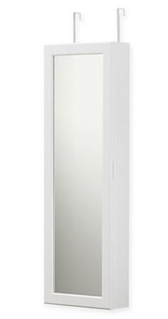 a white medicine cabinet with a mirror on the top and hooks hanging from it's sides