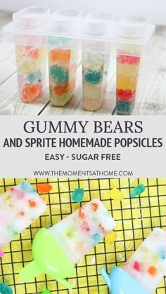 gummy bears and sprinkle homemade popsicles with text overlay