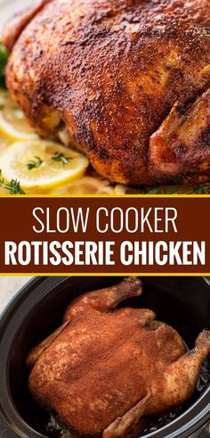 slow cooker rotissee chicken with lemons and parsley on the side