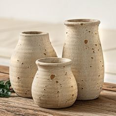 three ceramic vases sitting on top of a wooden table next to leaves and flowers