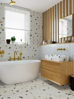 a white bath tub sitting next to a wooden cabinet in a bathroom under a window