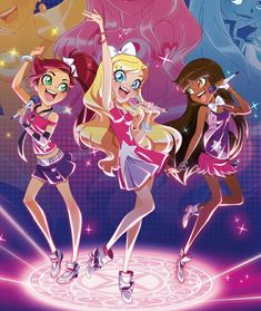 three cartoon girls are standing in front of a purple background with stars and sparkles