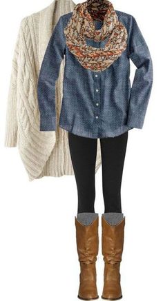 Black tights, light brown boots, denim shirt, colourful scarf, beige long jersey Cute Work Outfits, Pullover Outfit, Legging Outfits, Mode Casual, Stitch Fix Inspiration, Winter Mode, Jessica Alba, Casual Winter Outfits