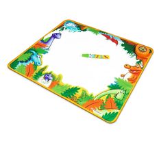 a children's placemat with dinosaurs on the front and bottom, including an eraser