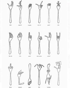 the different types of forks and spoons are drawn in black ink on white paper