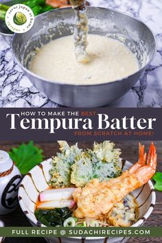 A lightly floured shrimp being dipped into a bowl of homemade tempura batter above a bowl of tempura soba in a striped bowl Avocado Tempura, Tempura Fish, Japanese Tempura, Japanese Side Dish, Japanese Ginger, Tempeh Recipes