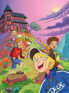 the cartoon character is smiling and standing in front of a house with other characters behind him