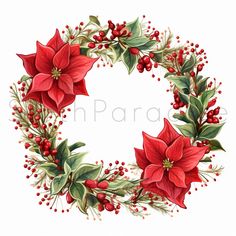 a watercolor christmas wreath with poinsettis and berries