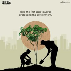 two people are working together to plant a tree in front of a cityscape that says, take the first step towards protecting the environment