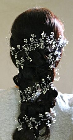 Wedding vine Prom hair Headband  babies breath boho bridal wreath halo silver headpiece Wedding crystal vine babys breath wreath Headband Updo, Pearl Hair Vine Wedding, Prom Headband, Beaded Wreath, Crystal Wreath, Updo With Headband, Long Hair Vine, Long Bridal Hair, Pearl Hair Vine