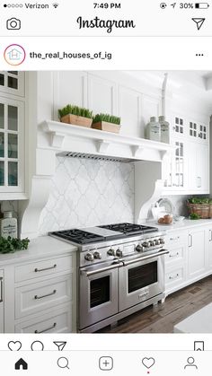 a kitchen with white cabinets and stainless steel stove top oven in the center, surrounded by potted plants