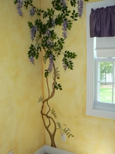 a potted plant in the corner of a room with yellow walls and purple curtains