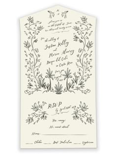 a wedding card with an ornate design on the front and back of it, in black ink