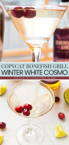 This Winter White Cosmo Bonefish Recipe Elderflower is a delicious homemade drink made with vodka, orange liqueur, Elderflower liqueur syrup, white cranberry juice, and lime juice garnished with cranberries. Pin this easy cocktail idea! White Manhattan Cocktail, Winter White Cosmo Pitcher, Bonefish Grill Winter White Cosmo Recipe, Batch Winter White Cosmo, Fig Vodka Cosmo, Bonefish White Cranberry Martini, Cranberry Elderflower Cocktail, Bonefish Winter White Cosmo, Winter White Cosmo Bonefish