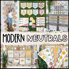 a collage of photos with the words modern neutrals written in large letters and small images