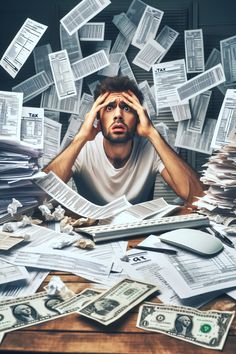 a man sitting at a desk surrounded by stacks of papers and bills with his hands on his head