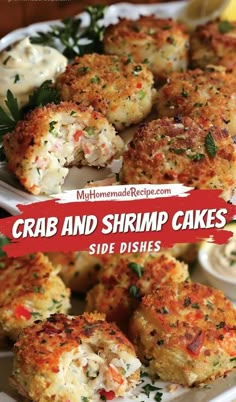 crab and shrimp cakes on a plate with lemon wedges