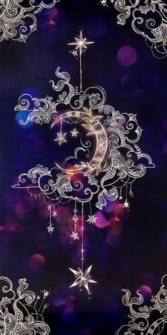 the moon and stars are hanging in the night sky, with white swirls on it