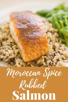 salmon and rice on a plate with the title moroccan spice rubed salmon over it