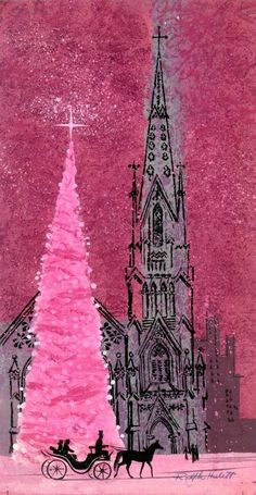 a pink christmas tree in front of a church with a horse drawn carriage next to it