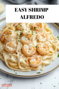 shrimp alfredo on a plate with text overlay