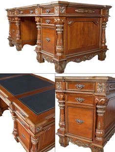 an antique desk is shown in three different angles, including the top and bottom section