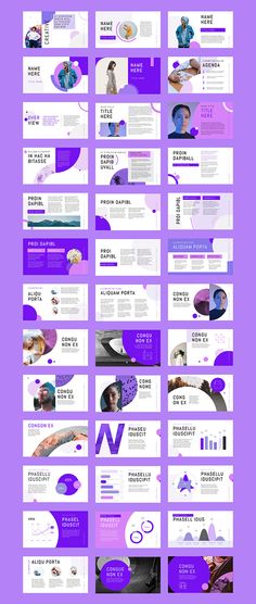 a purple and white web page with many different images