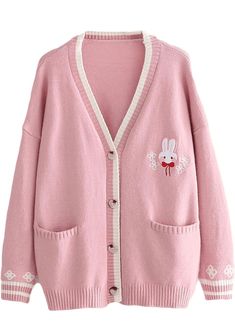 Cardigan Rosa, Kawaii Sweater, Bunny Embroidery, Pull Rose, Cute Cardigans, Girls Cardigan, Embroidered Cardigan, Pink Cardigan