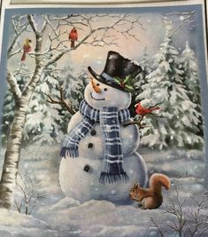 a painting of a snowman with a squirrel