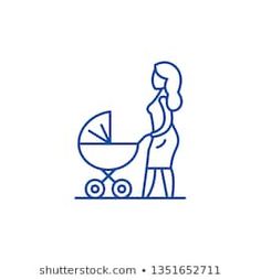 a woman pushing a stroller with a baby in it, line icon on white background