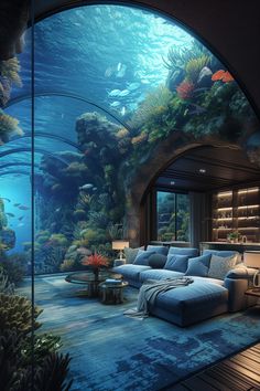 an underwater themed living room with blue couches