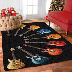 a rug with guitars on it in front of a christmas tree