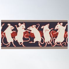 three white mice dancing together on a red and black background with flowers in the middle poster