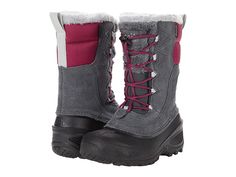 The North Face Kids Shellista Lace (Toddler/Little Kid/Big Kid) - Kids Shoes : Zinc Grey/Dramatic Plum : Keep the slush out as you walk through the fresh powder in the toasty The North Face Kids Shellista Lace boots. These tall snow boots are designed with 200 g. HeatSeeker insulation. Waterproof leather upper constructed with a synthetic quilted panel along the top. Seam-sealed membrane features a lace-up closure with an adjustable toggle, padded collar, pull-tab heel, cushioned footbed, and a Tall Snow Boots, North Face Kids, Big Kid, Free Kids, Pull Tab, Lace Boots, Snow Boots, Big Kids, Winter Boot