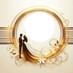 a bride and groom standing next to each other in front of a white circle with gold swirls