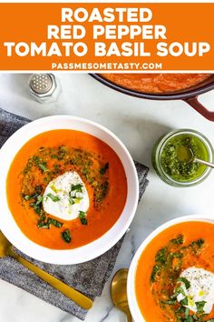 two bowls of roasted red pepper tomato basil soup