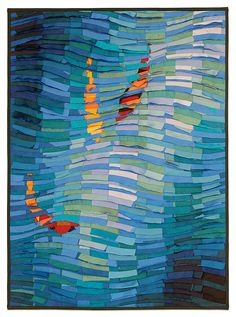 a painting made out of strips of blue, green and orange paper with an image of a boat in the water