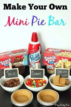 Mini Pie Bar, Snack Pack Pudding, Cooking Party, Bar Mini, Mini Pie, Drink Bar, Kids Cooking, Frosé, Taco Bar