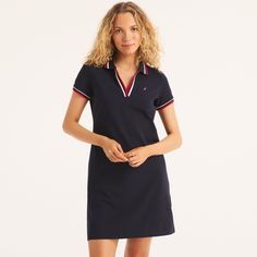 Meet our wear-every-day Deck Polo Dress, the perfect off-duty style for a day out with friends or a hangout in your backyard. Made of Sustainably Crafted stretch-cotton, it features a flattering split neck with contrast trim detail and our J-class icon at the chest. Navy Cotton Casual Dress, Fitted Classic Collared Polo Dress, Spring Cotton Collared Polo Dress, Fitted Cotton Collared Polo Dress, Classic Short Sleeve Polo Dress, Fitted Cotton Polo Dress, Casual Style, Tennis Polo, Out With Friends, Trim Detail