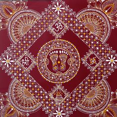 an intricately designed red background with gold and white designs