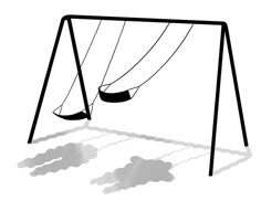 a swing set with two swings hanging from it's sides and clouds in the background