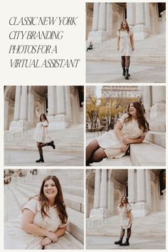 a woman is posing in front of some pillars with her hands on her hips and the words, classic new york city branding photos for a virtual assistant