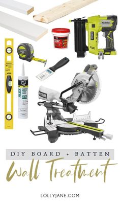 the diy board - batten wall treatment kit is shown with tools and supplies