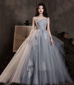 Gray Gowns Elegant, Gray Formal Dress, Gowns Dresses Evening, Tulle Formal Dress, Lace Long Prom Dress, Grey Evening Dresses, Sweetheart Prom Dress, Dress Open Back, Long Sleeve Gown