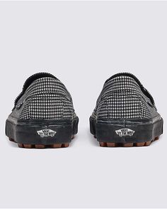 Part Creeper. Part Loafer. Pure Retro Style. The Loafer Style 53 is Vans’ take on the classic 1950s creeper. Featuring a reissued slip-on silhouette with loafer styling and an iconic houndstooth print, this throwback shoe maintains an old school aesthetic while ensuring the comfort and durability you need to take on today. Reissued creeper-inspired silhouette Slip-On styling Loafer details Textile uppers with houndstooth print Vulcanized rubber lug outsoles Funky Loafers, Loafer Styling, Vans Shoes Women, Old School Aesthetic, Bday List, Loafer Shoe, Comfy Walking Shoes, Vans Store, Work Fits