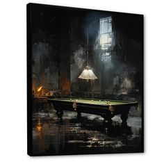 a painting of a pool table in a dark room with a lamp on the wall