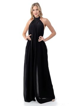 Black Wide Leg Jumpsuit with Halter Top Neckline and Open Back Elegant Black One-piece Jumpsuit, Black Evening Jumpsuits And Rompers, Black One-piece Jumpsuits For Evening, Elegant Black Jumpsuits And Rompers For Beach, Elegant Black Jumpsuit For The Beach, Black Jumpsuits And Rompers For Summer Evenings, Black Summer Evening Jumpsuits And Rompers, Elegant Stretch Jumpsuits And Rompers For Beach, Elegant Beach-style Stretch Jumpsuits And Rompers