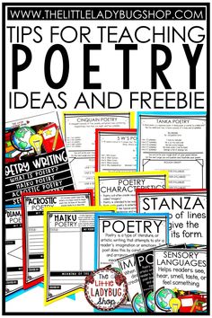 a poster with the words tips for teaching poetry, ideas and freebies on it