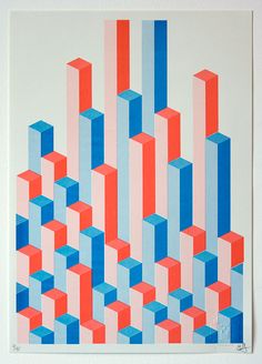 an abstract painting with red, white and blue blocks in the center on a white wall